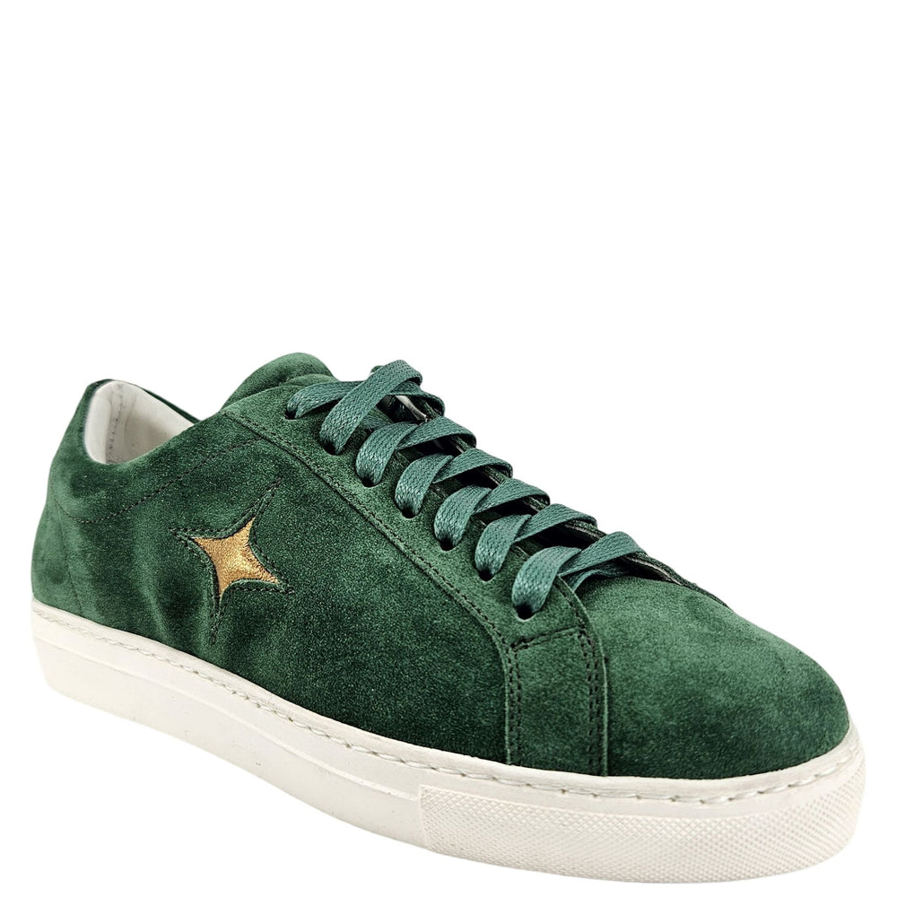 Green suede low-top sneaker with gold star side detail, lace-up, white rubber sole