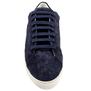 Navy blue suede sneaker on a white background
