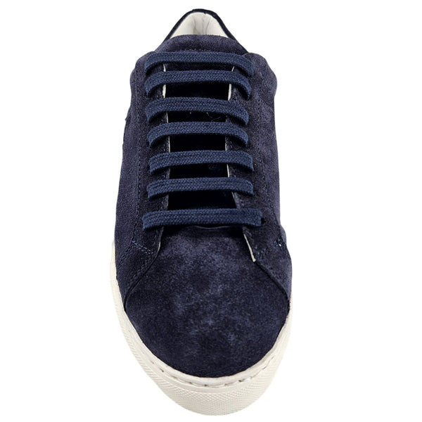 Navy blue suede sneaker on a white background