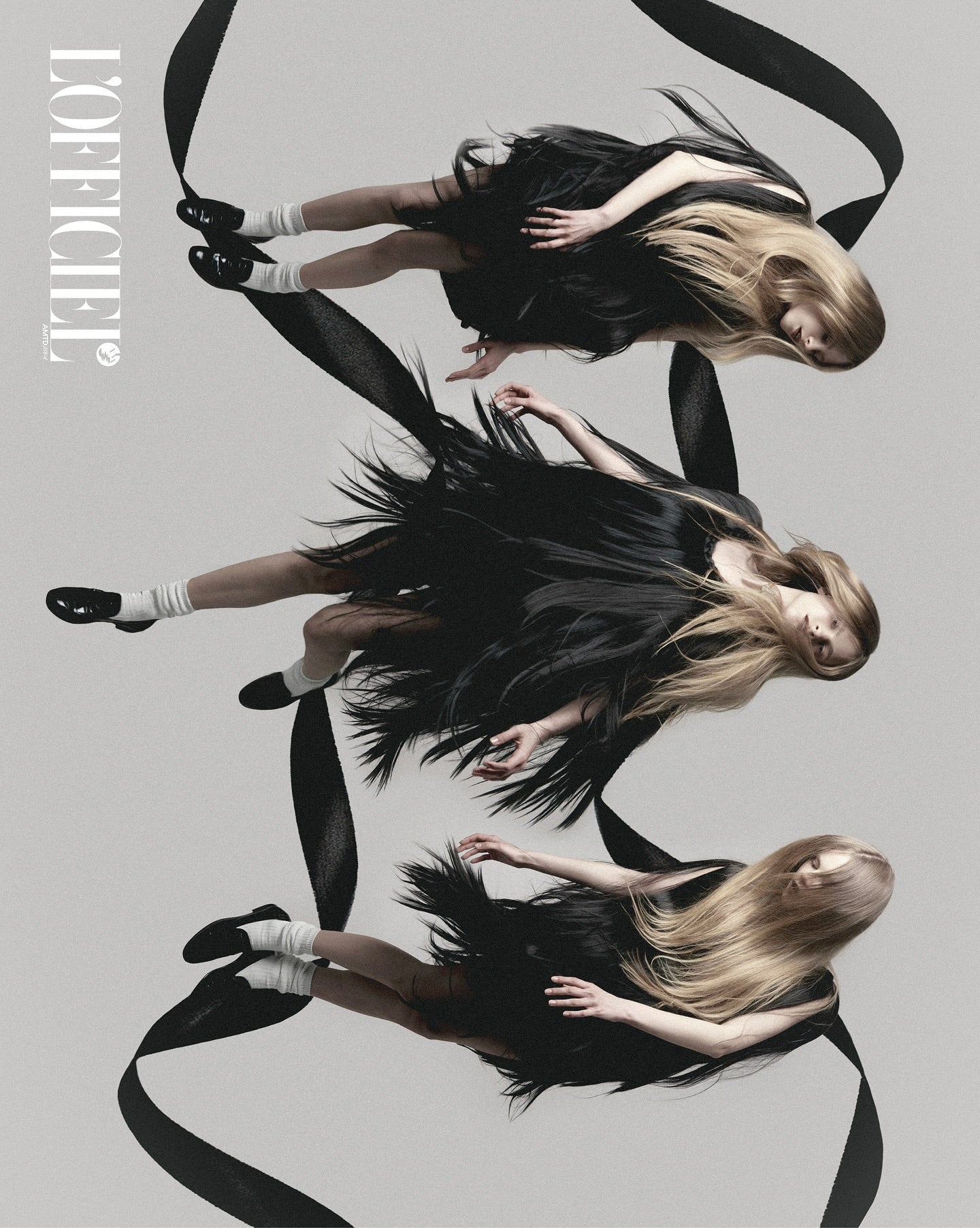 Three poses of a woman in a black dress with flowing hair and black ribbons on a gray background, featuring the L'Officiel logo.