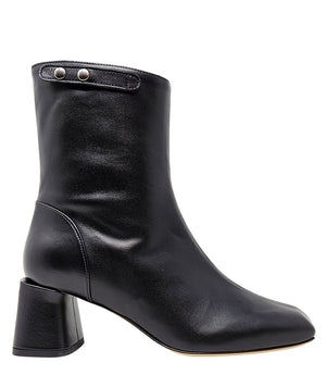 Handcrafted ankle boot made in Italy, designed with a smooth leather finish, square toe, side zipper closure, and a flared block heel. Features a decorative strap with metal accents. Shown from multiple angles against a clean background