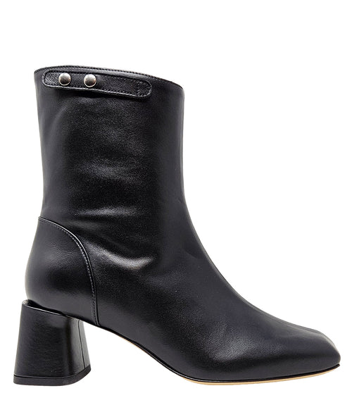 Handcrafted ankle boot made in Italy, designed with a smooth leather finish, square toe, side zipper closure, and a flared block heel. Features a decorative strap with metal accents. Shown from multiple angles against a clean background