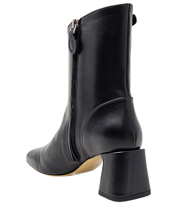 Handcrafted ankle boot made in Italy, designed with a smooth leather finish, square toe, side zipper closure, and a flared block heel. Features a decorative strap with metal accents. Shown from multiple angles against a clean background