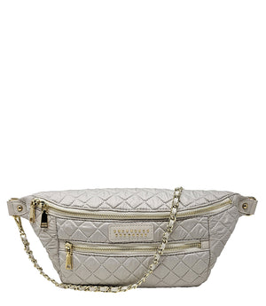 Ivory and gold quilted sling bag with chain strap and front zipper pockets