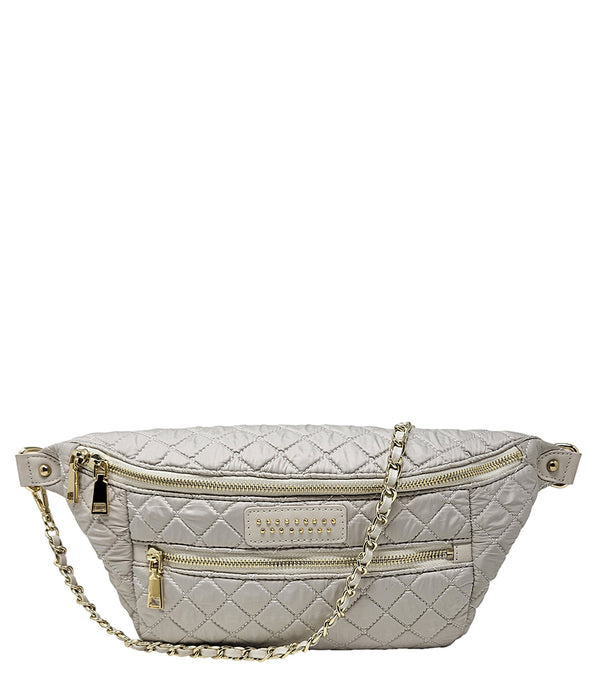 Ivory and gold quilted sling bag with chain strap and front zipper pockets
