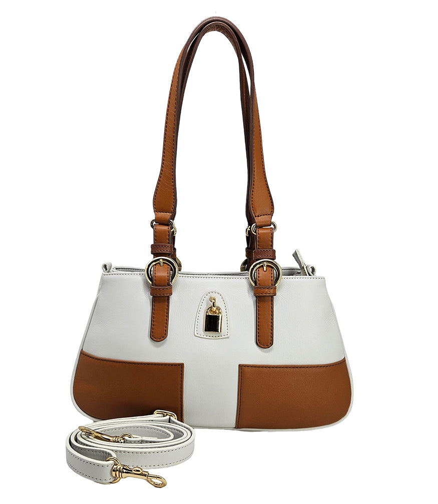 Luxury leather handbags, 100% handmade in Italy, featuring a signature center lock and elegant designs by Madison of Beverly Hills.