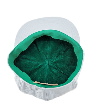 Structured newsboy cap crafted in textured material with panel stitching, a covered button top, and a short curved brim