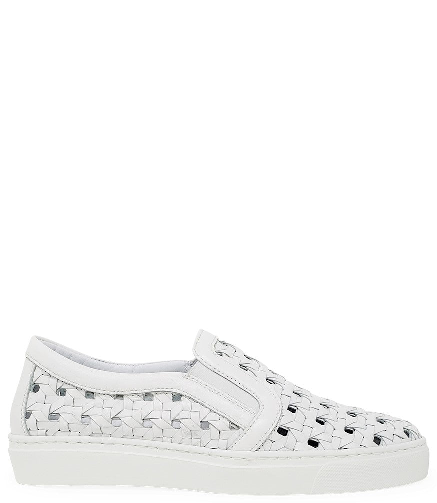 Handmade Italian slip-on sneaker featuring a woven leather upper, elastic side panels for flexibility, and a contrasting flat sole. Shown from multiple angles against a clean background.