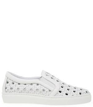 Handmade Italian slip-on sneaker featuring a woven leather upper, elastic side panels for flexibility, and a contrasting flat sole. Shown from multiple angles against a clean background.