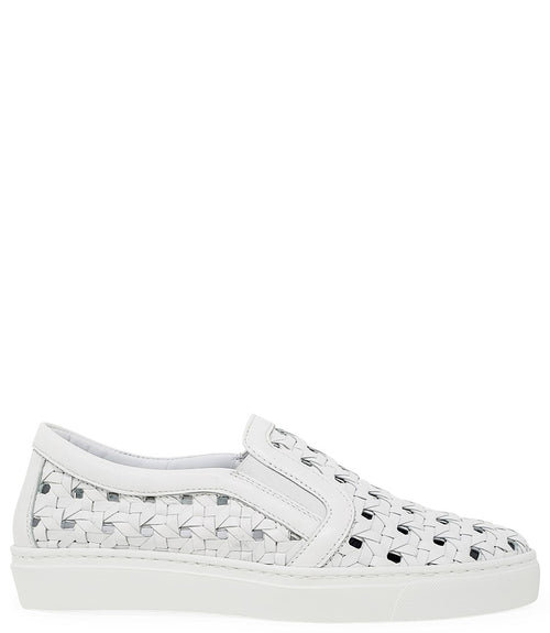 Handmade Italian slip-on sneaker featuring a woven leather upper, elastic side panels for flexibility, and a contrasting flat sole. Shown from multiple angles against a clean background.
