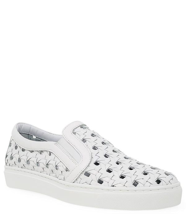 Handmade Italian slip-on sneaker featuring a woven leather upper, elastic side panels for flexibility, and a contrasting flat sole. Shown from multiple angles against a clean background.