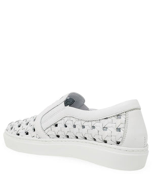 Handmade Italian slip-on sneaker featuring a woven leather upper, elastic side panels for flexibility, and a contrasting flat sole. Shown from multiple angles against a clean background.
