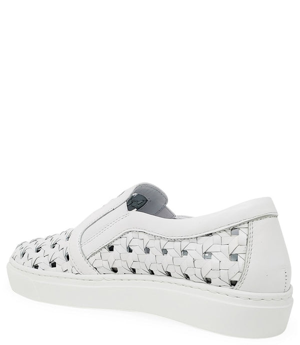 Handmade Italian slip-on sneaker featuring a woven leather upper, elastic side panels for flexibility, and a contrasting flat sole. Shown from multiple angles against a clean background.