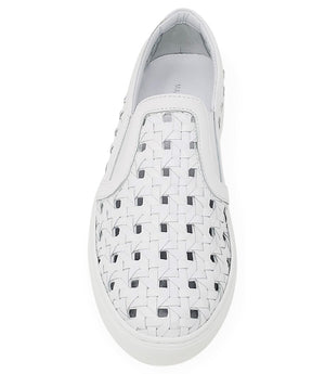 Handmade Italian slip-on sneaker featuring a woven leather upper, elastic side panels for flexibility, and a contrasting flat sole. Shown from multiple angles against a clean background.