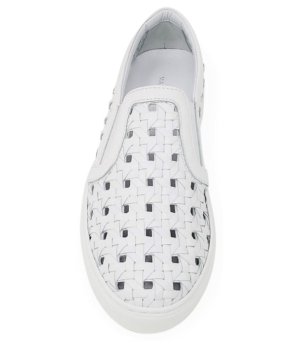Handmade Italian slip-on sneaker featuring a woven leather upper, elastic side panels for flexibility, and a contrasting flat sole. Shown from multiple angles against a clean background.