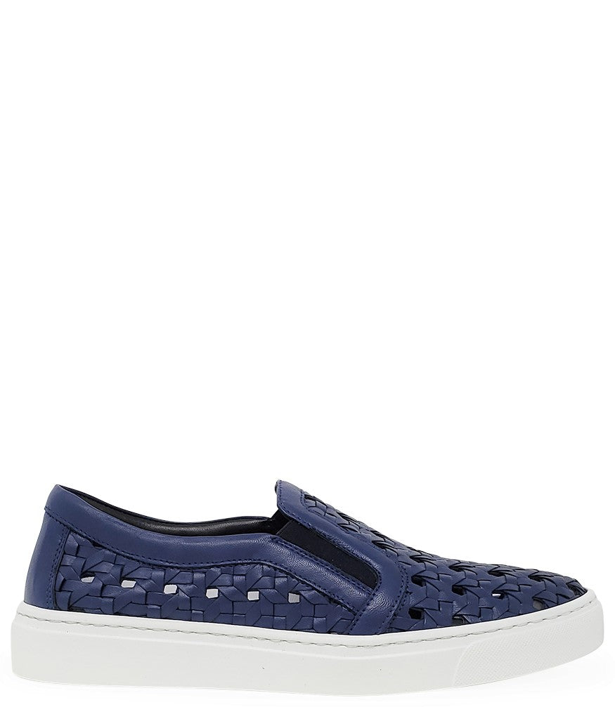 Handmade Italian slip-on sneaker featuring a woven leather upper, elastic side panels for flexibility, and a contrasting flat sole. Shown from multiple angles against a clean background.