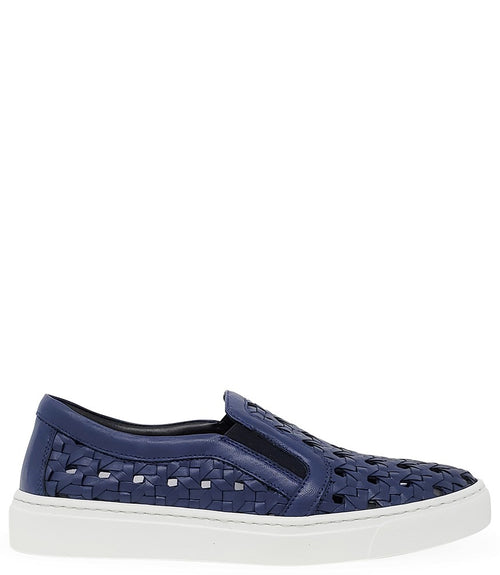 Handmade Italian slip-on sneaker featuring a woven leather upper, elastic side panels for flexibility, and a contrasting flat sole. Shown from multiple angles against a clean background.