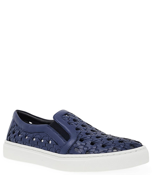 Handmade Italian slip-on sneaker featuring a woven leather upper, elastic side panels for flexibility, and a contrasting flat sole. Shown from multiple angles against a clean background.