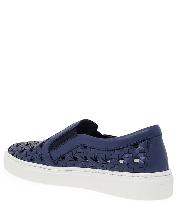 Handmade Italian slip-on sneaker featuring a woven leather upper, elastic side panels for flexibility, and a contrasting flat sole. Shown from multiple angles against a clean background.