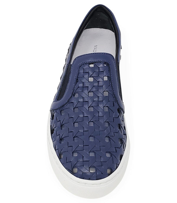 Handmade Italian slip-on sneaker featuring a woven leather upper, elastic side panels for flexibility, and a contrasting flat sole. Shown from multiple angles against a clean background.