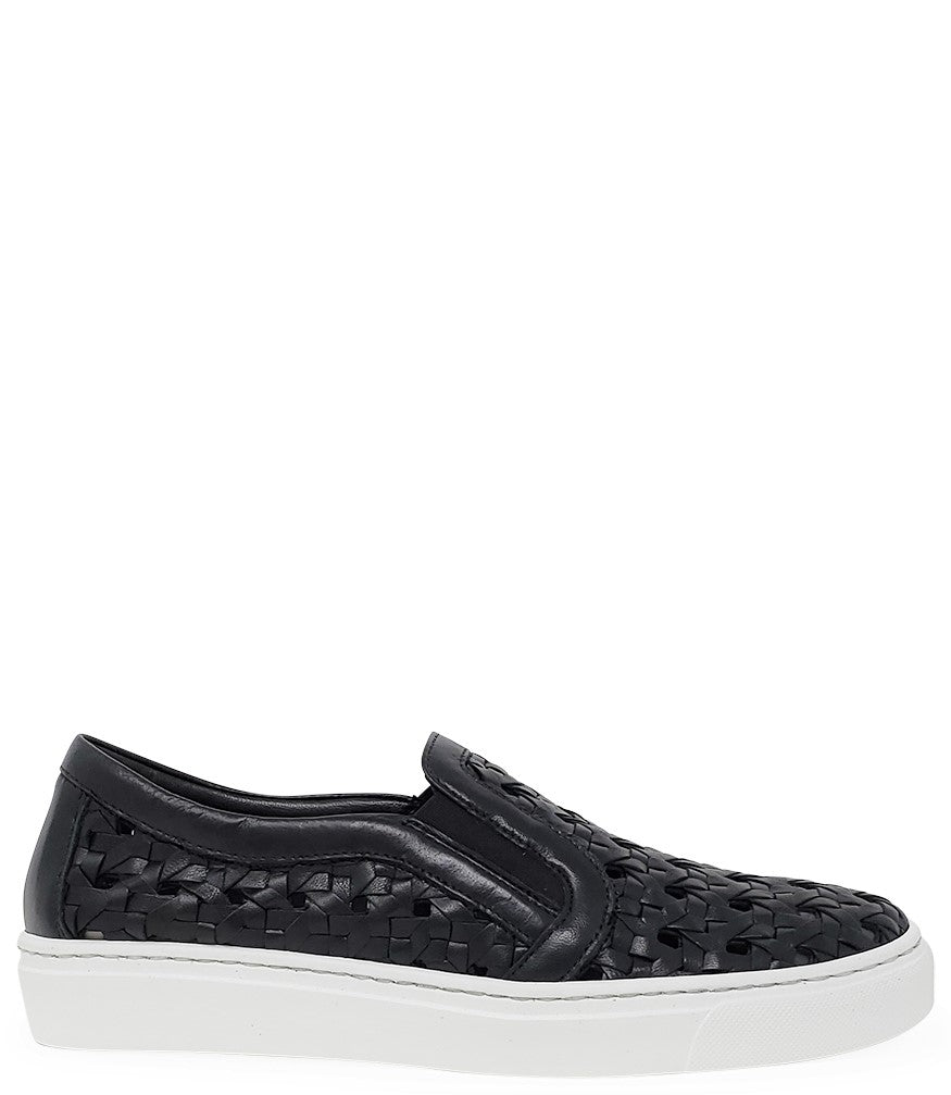 Handmade Italian slip-on sneaker featuring a woven leather upper, elastic side panels for flexibility, and a contrasting flat sole. Shown from multiple angles against a clean background.