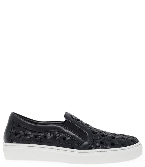 Handmade Italian slip-on sneaker featuring a woven leather upper, elastic side panels for flexibility, and a contrasting flat sole. Shown from multiple angles against a clean background.