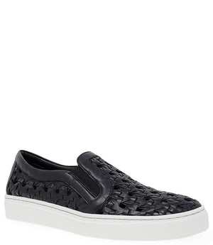 Handmade Italian slip-on sneaker featuring a woven leather upper, elastic side panels for flexibility, and a contrasting flat sole. Shown from multiple angles against a clean background.