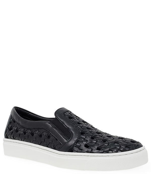 Handmade Italian slip-on sneaker featuring a woven leather upper, elastic side panels for flexibility, and a contrasting flat sole. Shown from multiple angles against a clean background.