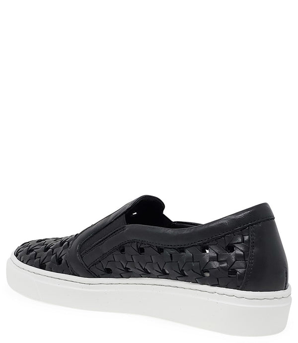 Handmade Italian slip-on sneaker featuring a woven leather upper, elastic side panels for flexibility, and a contrasting flat sole. Shown from multiple angles against a clean background.