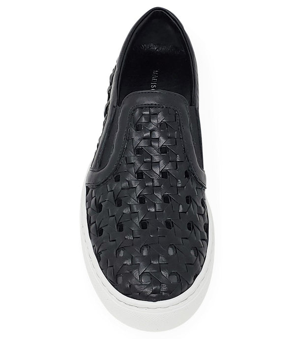 Handmade Italian slip-on sneaker featuring a woven leather upper, elastic side panels for flexibility, and a contrasting flat sole. Shown from multiple angles against a clean background.
