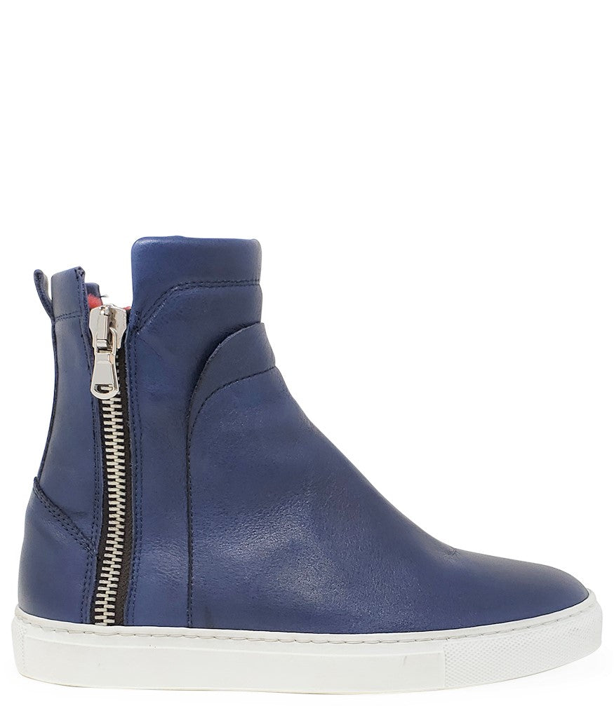 Ankle-high leather sneaker with side zipper closure, cushioned sole, and smooth panel construction. Features a rounded toe, pull tab at the heel, and soft interior lining.