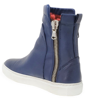 Ankle-high leather sneaker with side zipper closure, cushioned sole, and smooth panel construction. Features a rounded toe, pull tab at the heel, and soft interior lining.