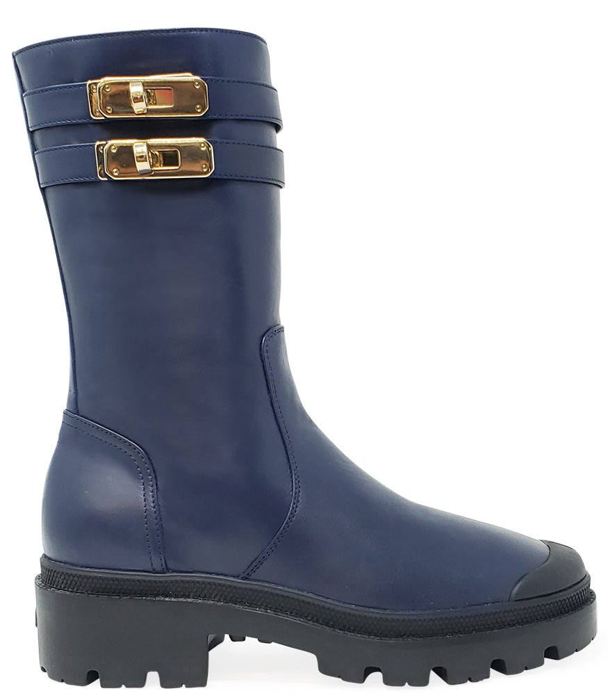 PALLADIUM BLUE LEATHER SHEARLING LINED DOUBLE BUCKLE BOOT