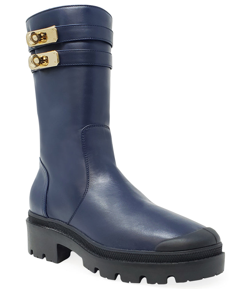 PALLADIUM BLUE LEATHER SHEARLING LINED DOUBLE BUCKLE BOOT