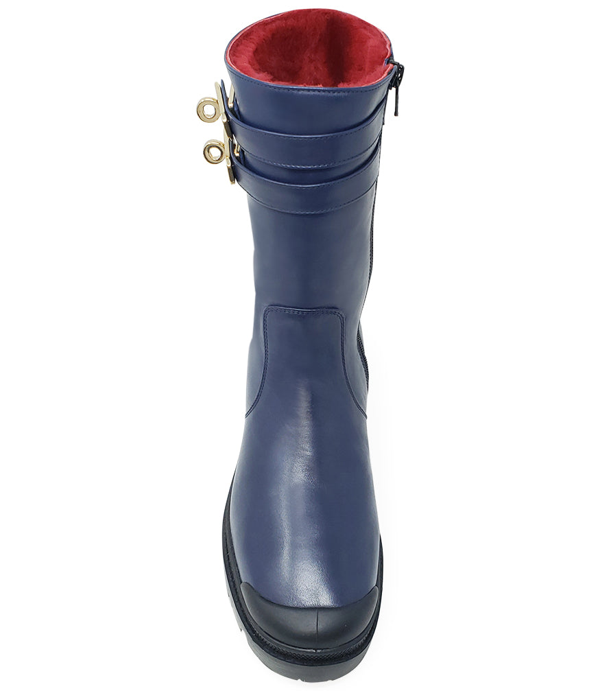 PALLADIUM BLUE LEATHER SHEARLING LINED DOUBLE BUCKLE BOOT
