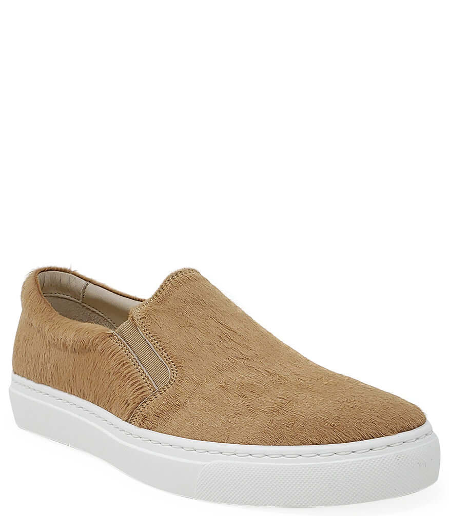 Tan hair-on calf slip-on sneaker with elastic gore and white rubber sole