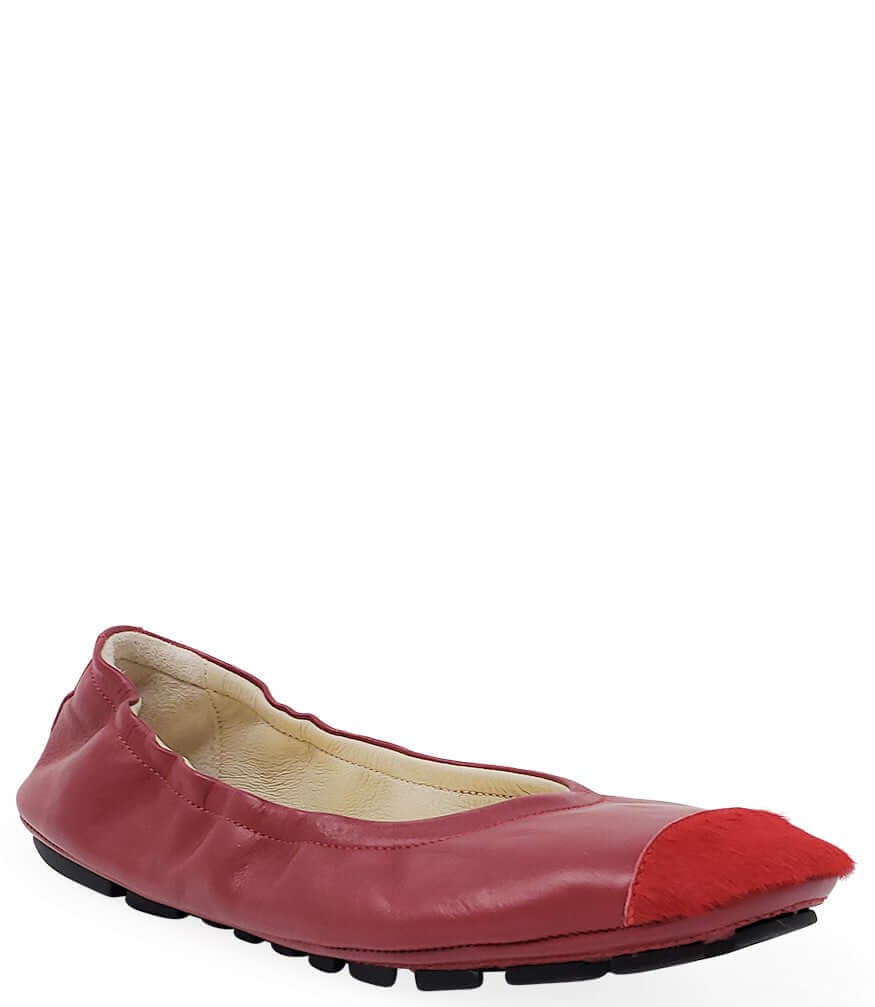 Red ballet flat with calf-hair toe tip, rounded toe, slip-on design