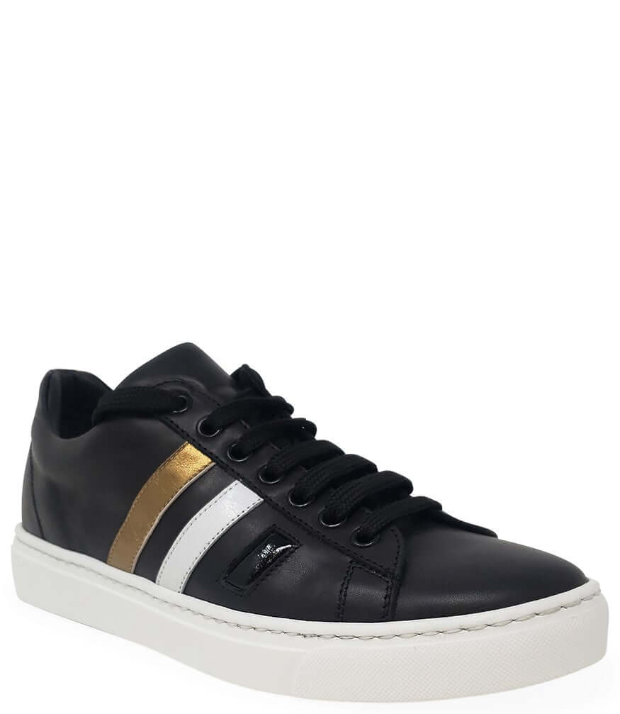 Black leather sneaker profile with gold and white 3 stripes, black laces, thick white sole
