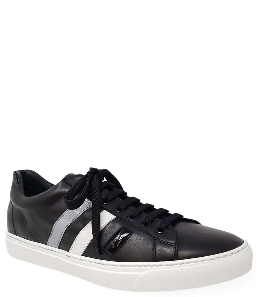 Black leather men’s sneaker with three white side stripes and black laces