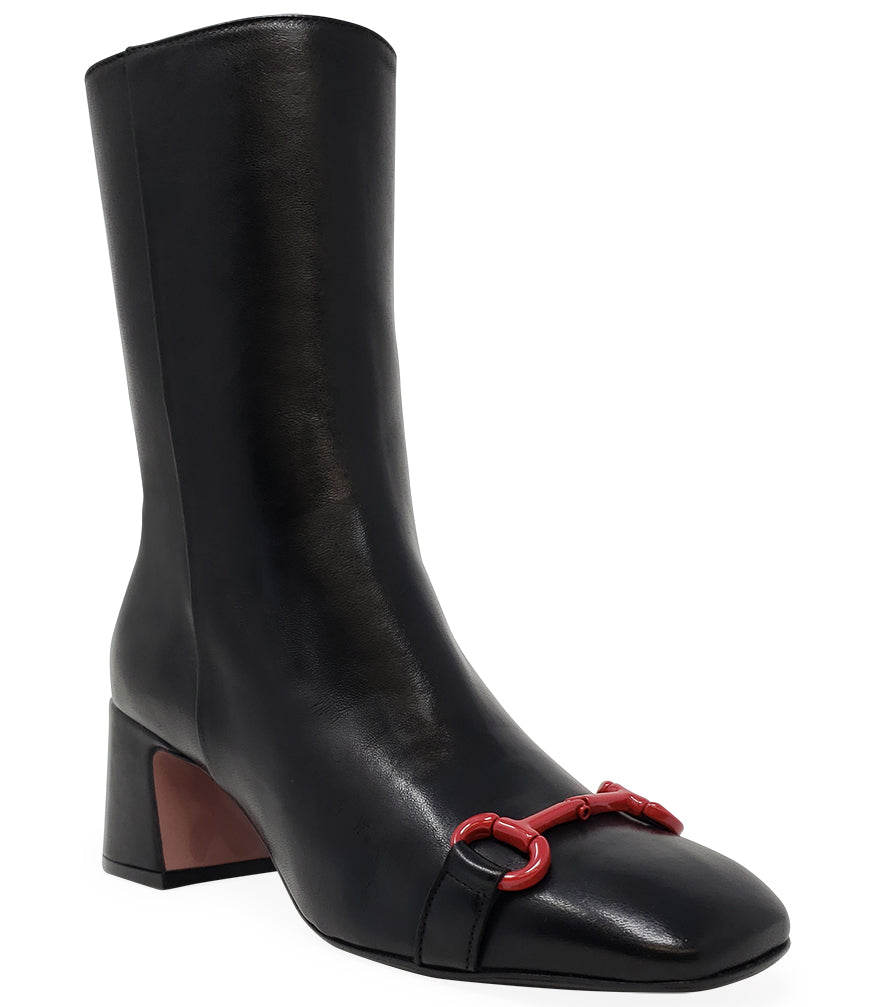 Black Leather square toe boot with red horsebit detail at the toe.