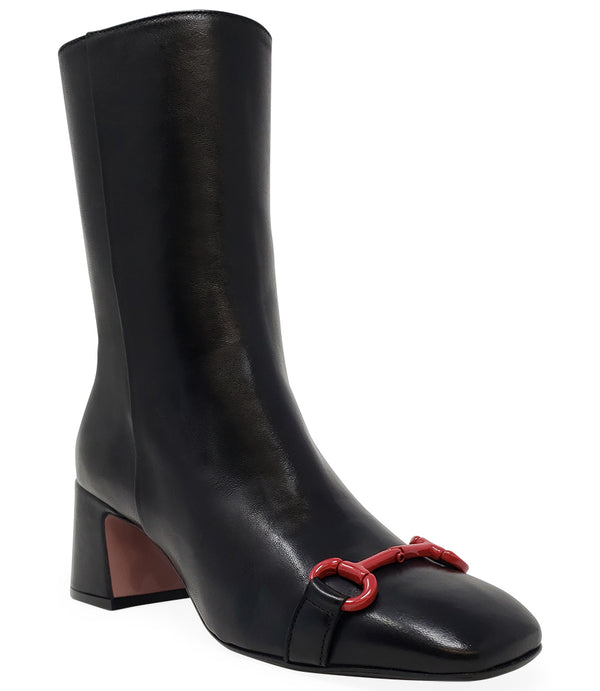 A mid-calf leather boot with a block heel and square toe, featuring a decorative metal accent across the toe. Designed by Madison in Beverly Hills and handcrafted in Italy.
