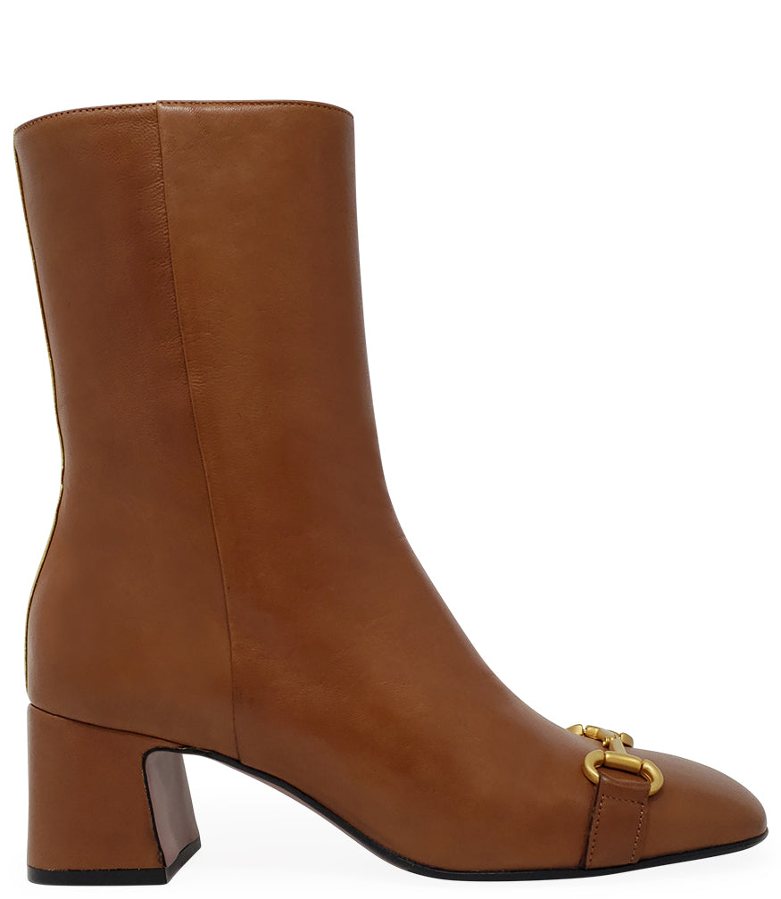 Heeled Cognac Brown Leather boot with gold horsebit at the toe and a 2 inch heel