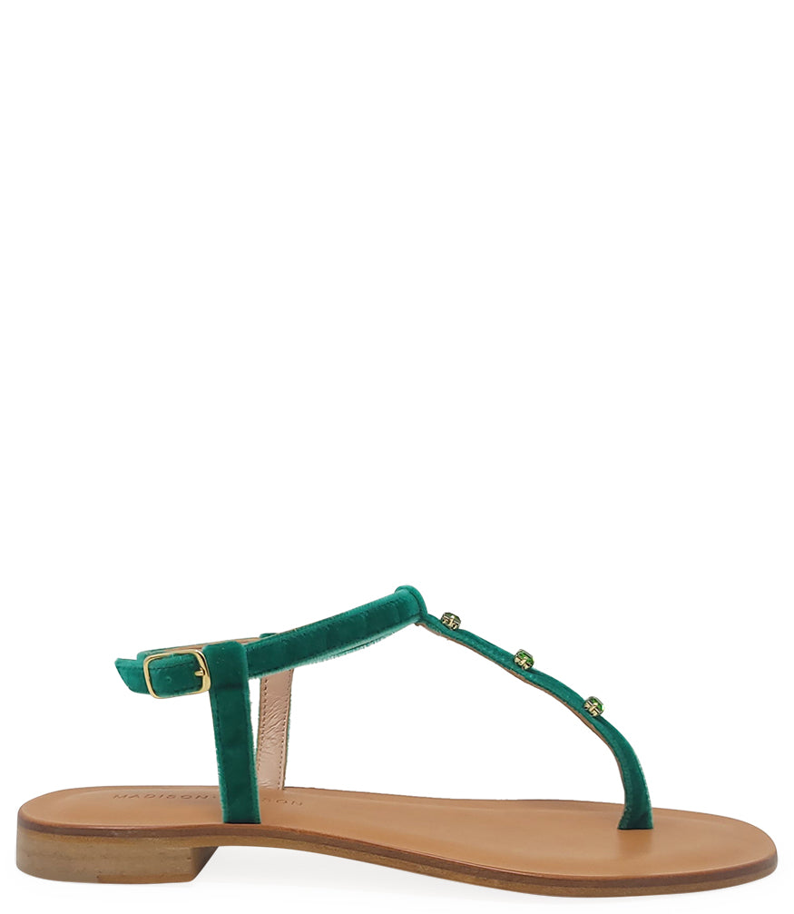 Emerald jeweled thong sandal with green velvet straps and gold accents, made in Italy by Madison Maison.