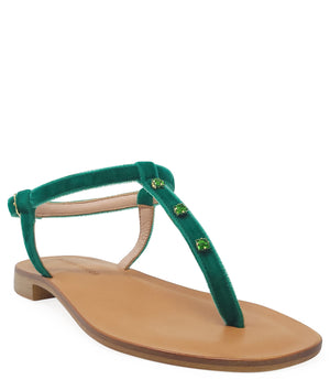 Emerald jeweled thong sandals with green accents, stylish and made in Italy, perfect for summer outfits.