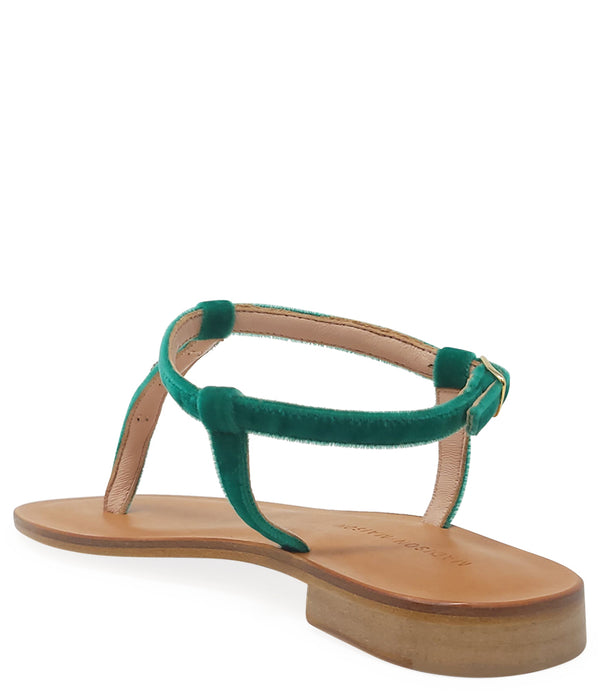 Emerald jeweled thong sandal with a comfortable heel, made in Italy, perfect for stylish summer wear.