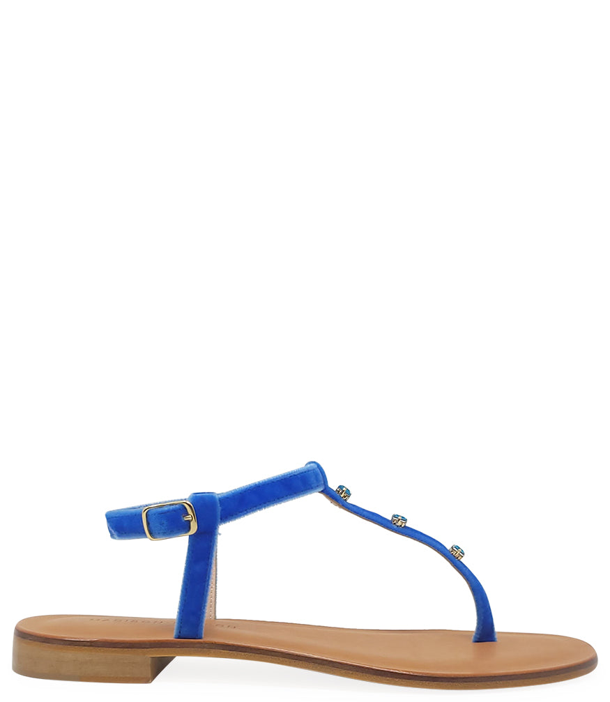 Corn blue jeweled thong sandal by Madison Maison, featuring elegant blue straps and stylish embellishments.