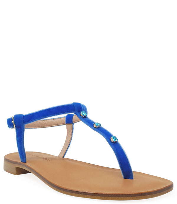 Corn blue jeweled thong sandals with flat design and vibrant embellishments, perfect for summer fashion.