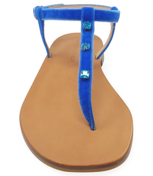 Corn blue jeweled thong sandals from Madison Maison, featuring a vibrant blue design and sparkling jewel accents.