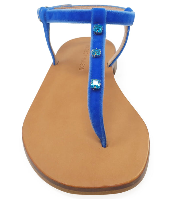 Corn blue jeweled thong sandals from Madison Maison, featuring a vibrant blue design and sparkling jewel accents.