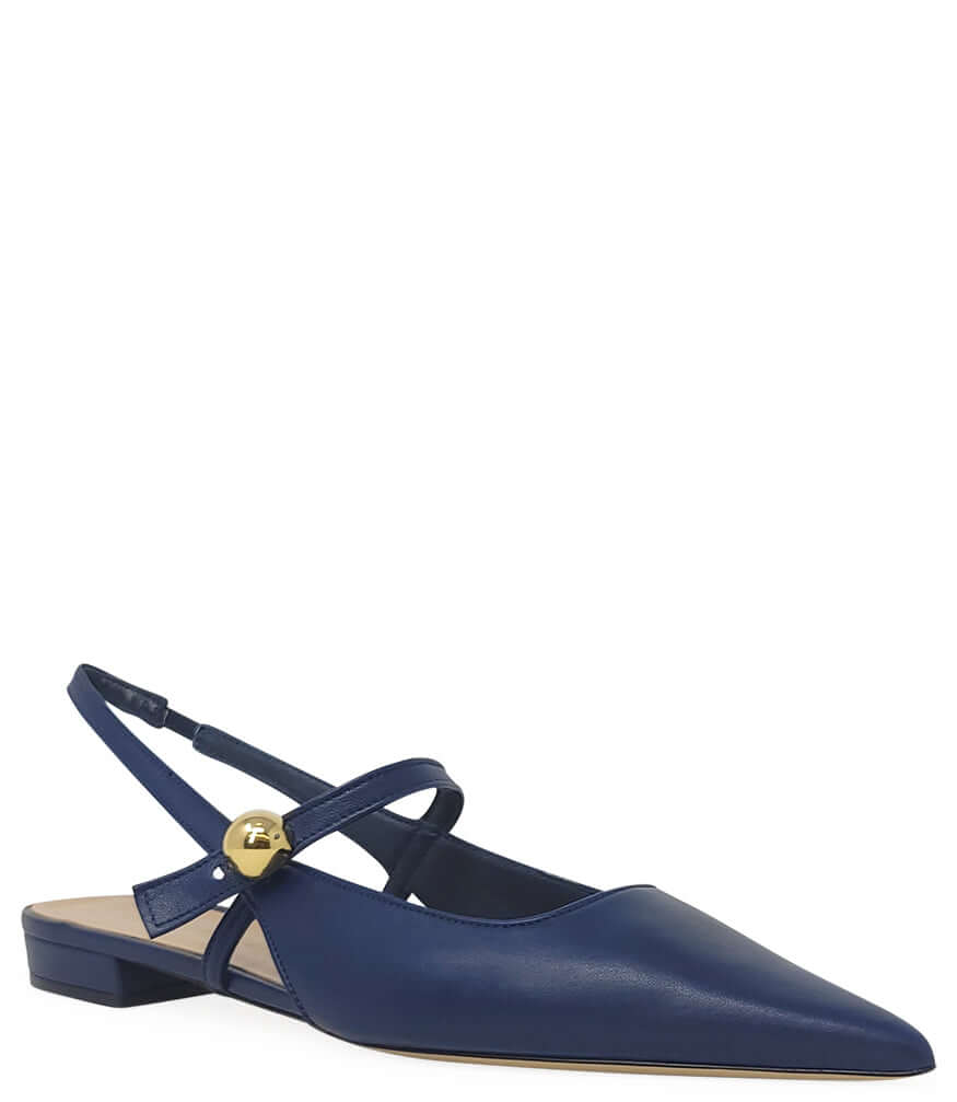 Denim blue leather slingback flat with pointed toe, low block heel, gold buckle